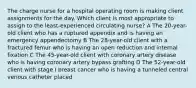 The charge nurse for a hospital operating room is making client assignments for the day. Which client is most appropriate to assign to the least-experienced circulating nurse? A The 20-year-old client who has a ruptured appendix and is having an emergency appendectomy B The 28-year-old client with a fractured femur who is having an open reduction and internal fixation C The 45-year-old client with coronary artery disease who is having coronary artery bypass grafting D The 52-year-old client with stage I breast cancer who is having a tunneled central venous catheter placed