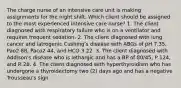 The charge nurse of an intensive care unit is making assignments for the night shift. Which client should be assigned to the most experienced intensive care nurse? 1. The client diagnosed with respiratory failure who is on a ventilator and requires frequent sedation. 2. The client diagnosed with lung cancer and iatrogenic Cushing's disease with ABGs of pH 7.35, Pao2 88, Paco2 44, and HCO 3 22. 3. The client diagnosed with Addison's disease who is lethargic and has a BP of 80/45, P 124, and R 28. 4. The client diagnosed with hyperthyroidism who has undergone a thyroidectomy two (2) days ago and has a negative Trousseau's sign.