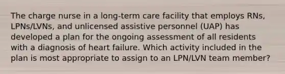 The charge nurse in a long-term care facility that employs RNs, LPNs/LVNs, and unlicensed assistive personnel (UAP) has developed a plan for the ongoing assessment of all residents with a diagnosis of heart failure. Which activity included in the plan is most appropriate to assign to an LPN/LVN team member?