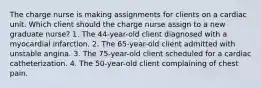 The charge nurse is making assignments for clients on a cardiac unit. Which client should the charge nurse assign to a new graduate nurse? 1. The 44-year-old client diagnosed with a myocardial infarction. 2. The 65-year-old client admitted with unstable angina. 3. The 75-year-old client scheduled for a cardiac catheterization. 4. The 50-year-old client complaining of chest pain.