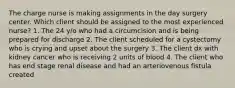 The charge nurse is making assignments in the day surgery center. Which client should be assigned to the most experienced nurse? 1. The 24 y/o who had a circumcision and is being prepared for discharge 2. The client scheduled for a cystectomy who is crying and upset about the surgery 3. The client dx with kidney cancer who is receiving 2 units of blood 4. The client who has end stage renal disease and had an arteriovenous fistula created