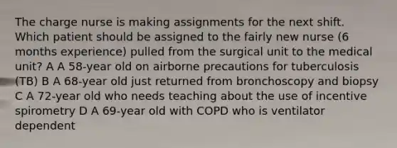 The charge nurse is making assignments for the next shift. Which patient should be assigned to the fairly new nurse (6 months experience) pulled from the surgical unit to the medical unit? A A 58-year old on airborne precautions for tuberculosis (TB) B A 68-year old just returned from bronchoscopy and biopsy C A 72-year old who needs teaching about the use of incentive spirometry D A 69-year old with COPD who is ventilator dependent