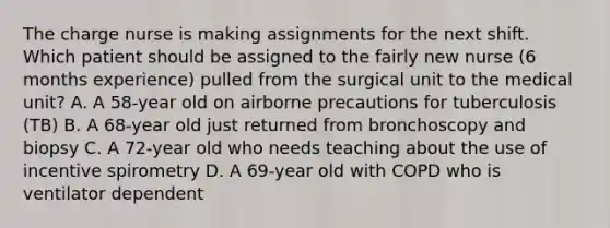 The charge nurse is making assignments for the next shift. Which patient should be assigned to the fairly new nurse (6 months experience) pulled from the surgical unit to the medical unit? A. A 58-year old on airborne precautions for tuberculosis (TB) B. A 68-year old just returned from bronchoscopy and biopsy C. A 72-year old who needs teaching about the use of incentive spirometry D. A 69-year old with COPD who is ventilator dependent