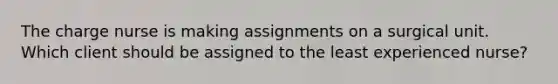 The charge nurse is making assignments on a surgical unit. Which client should be assigned to the least experienced nurse?