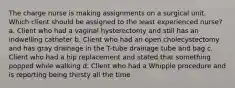 The charge nurse is making assignments on a surgical unit. Which client should be assigned to the least experienced nurse? a. Client who had a vaginal hysterectomy and still has an indwelling catheter b. Client who had an open cholecystectomy and has gray drainage in the T-tube drainage tube and bag c. Client who had a hip replacement and stated that something popped while walking d. Client who had a Whipple procedure and is reporting being thirsty all the time