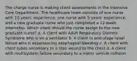 The charge nurse is making client assessments in the Intensive Care Department. The healthcare team consists of one nurse with 10 years' experience, one nurse with 5 years' experience, and a new graduate nurse who just completed a 12-week internship. Which client should the nurse assign to the new graduate nurse? a. A client with Adult Respiratory Distress Syndrome who is on a ventilator b. A client in end-stage renal failure who is experiencing esophageal bleeding c. A client with chest tubes secondary to a stab wound to the chest d. A client with multisystem failure secondary to a motor vehicle collision