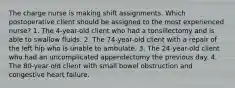 The charge nurse is making shift assignments. Which postoperative client should be assigned to the most experienced nurse? 1. The 4-year-old client who had a tonsillectomy and is able to swallow fluids. 2. The 74-year-old client with a repair of the left hip who is unable to ambulate. 3. The 24-year-old client who had an uncomplicated appendectomy the previous day. 4. The 80-year-old client with small bowel obstruction and congestive heart failure.