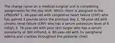 The charge nurse on a medical-surgical unit is completing assignments for the day shift. Which client is assigned to the LPN/LVN? 1. 44-year-old with congestive heart failure (CHF) who has gained 3 pounds since the previous day 2. 58-year-old with chronic renal failure (CRF) who has a serum potassium level of 6 mEq/L 3. 76-year-old with poor skin turgor who has a serum osmolarity of 300 mOsm/L 4. 80-year-old with 3+ peripheral edema and crackles throughout the posterior chest