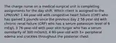 The charge nurse on a medical-surgical unit is completing assignments for the day shift. Which client is assigned to the LPN/LVN? 1 44-year-old with congestive heart failure (CHF) who has gained 3 pounds since the previous day 2 58-year-old with chronic renal failure (CRF) who has a serum potassium level of 6 mEq/L 3 76-year-old with poor skin turgor who has a serum osmolarity of 300 mOsm/L 4 80-year-old with 3+ peripheral edema and crackles throughout the posterior chest