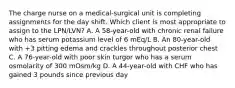 The charge nurse on a medical-surgical unit is completing assignments for the day shift. Which client is most appropriate to assign to the LPN/LVN? A. A 58-year-old with chronic renal failure who has serum potassium level of 6 mEq/L B. An 80-year-old with +3 pitting edema and crackles throughout posterior chest C. A 76-year-old with poor skin turgor who has a serum osmolarity of 300 mOsm/kg D. A 44-year-old with CHF who has gained 3 pounds since previous day