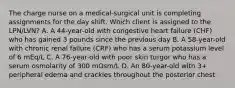 The charge nurse on a medical-surgical unit is completing assignments for the day shift. Which client is assigned to the LPN/LVN? A. A 44-year-old with congestive heart failure (CHF) who has gained 3 pounds since the previous day B. A 58-year-old with chronic renal failure (CRF) who has a serum potassium level of 6 mEq/L C. A 76-year-old with poor skin turgor who has a serum osmolarity of 300 mOsm/L D. An 80-year-old with 3+ peripheral edema and crackles throughout the posterior chest