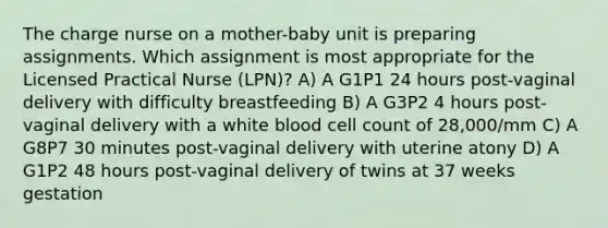 The charge nurse on a mother-baby unit is preparing assignments. Which assignment is most appropriate for the Licensed Practical Nurse (LPN)? A) A G1P1 24 hours post-vaginal delivery with difficulty breastfeeding B) A G3P2 4 hours post-vaginal delivery with a white blood cell count of 28,000/mm C) A G8P7 30 minutes post-vaginal delivery with uterine atony D) A G1P2 48 hours post-vaginal delivery of twins at 37 weeks gestation