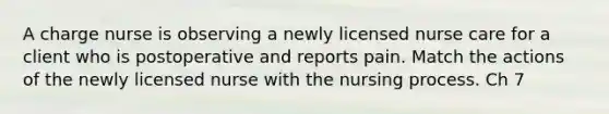 A charge nurse is observing a newly licensed nurse care for a client who is postoperative and reports pain. Match the actions of the newly licensed nurse with the nursing process. Ch 7