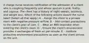 A charge nurse receives notification of the admission of a client who is coughing frequently and whose sputum is pink, frothy, and copious. The client has a history of night sweats, anorexia, and weight loss. Which of the following actions should the nurse take? (Select all that apply.) A. - Assign the client to a private room with negative-pressure airflow. B. - Add contact precautions to the client's plan of care. C. - Wear an N95 respirator when entering the client's room. D. - Ensure the client's environment provides 4 exchanges of fresh air per minute. E. - Institute protective environment precautions as soon as the client arrives on the unit.