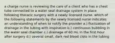 a charge nurse is reviewing the care of a client who has a chest tube connected to a water seal drainage system in place following thoracic surgery with a newly licensed nurse. which of the following statements by the newly licensed nurse indicates an understanding of when to notify the provider a.) fluctuation of drainage in the tubing with inspiration b.) continuous bubbling in the water seal chamber c.) drainage of 60 mL in the first hour after surgery d.) several small, dark red blood clots in the tubing