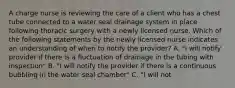 A charge nurse is reviewing the care of a client who has a chest tube connected to a water seal drainage system in place following thoracic surgery with a newly licensed nurse. Which of the following statements by the newly licensed nurse indicates an understanding of when to notify the provider? A. "I will notify provider if there is a fluctuation of drainage in the tubing with inspection" B. "I will notify the provider if there is a continuous bubbling in the water seal chamber" C. "I will not