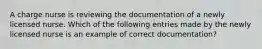 A charge nurse is reviewing the documentation of a newly licensed nurse. Which of the following entries made by the newly licensed nurse is an example of correct documentation?