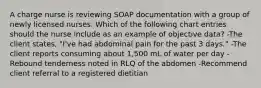 A charge nurse is reviewing SOAP documentation with a group of newly licensed nurses. Which of the following chart entries should the nurse include as an example of objective data? -The client states, "I've had abdominal pain for the past 3 days." -The client reports consuming about 1,500 mL of water per day -Rebound tenderness noted in RLQ of the abdomen -Recommend client referral to a registered dietitian