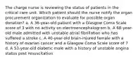 The charge nurse is reviewing the status of patients in the critical care unit. Which patient should the nurse notify the organ procurement organization to evaluate for possible organ donation? a. A 36-year-old patient with a Glasgow Coma Scale score of 3 with no activity on electroencephalogram b. A 68-year-old male admitted with unstable atrial fibrillation who has suffered a stroke c. A 40-year-old brain-injured female with a history of ovarian cancer and a Glasgow Coma Scale score of 7 d. A 53-year-old diabetic male with a history of unstable angina status post resuscitation