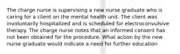 The charge nurse is supervising a new nurse graduate who is caring for a client on the mental health unit. The client was involuntarily hospitalized and is scheduled for electroconvulsive therapy. The charge nurse notes that an informed consent has not been obtained for the procedure. What action by the new nurse graduate would indicate a need for further education