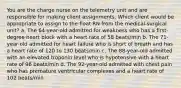 You are the charge nurse on the telemetry unit and are responsible for making client assignments. Which client would be appropriate to assign to the float RN from the medical-surgical unit? a. The 64-year-old admitted for weakness who has a first-degree heart block with a heart rate of 58 beats/min b. The 71-year-old admitted for heart failure who is short of breath and has a heart rate of 120 to 130 beats/min c. The 88-year-old admitted with an elevated troponin level who is hypotensive with a heart rate of 96 beats/min d. The 92-year-old admitted with chest pain who has premature ventricular complexes and a heart rate of 102 beats/min