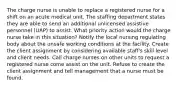 The charge nurse is unable to replace a registered nurse for a shift on an acute medical unit. The staffing department states they are able to send an additional unlicensed assistive personnel (UAP) to assist. What priority action would the charge nurse take in this situation? Notify the local nursing regulating body about the unsafe working conditions at the facility. Create the client assignment by considering available staff's skill level and client needs. Call charge nurses on other units to request a registered nurse come assist on the unit. Refuse to create the client assignment and tell management that a nurse must be found.