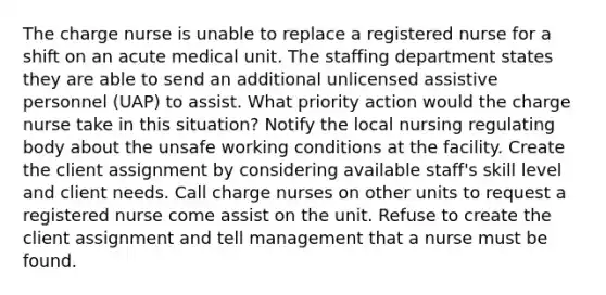 The charge nurse is unable to replace a registered nurse for a shift on an acute medical unit. The staffing department states they are able to send an additional unlicensed assistive personnel (UAP) to assist. What priority action would the charge nurse take in this situation? Notify the local nursing regulating body about the unsafe working conditions at the facility. Create the client assignment by considering available staff's skill level and client needs. Call charge nurses on other units to request a registered nurse come assist on the unit. Refuse to create the client assignment and tell management that a nurse must be found.