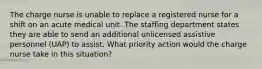 The charge nurse is unable to replace a registered nurse for a shift on an acute medical unit. The staffing department states they are able to send an additional unlicensed assistive personnel (UAP) to assist. What priority action would the charge nurse take in this situation?