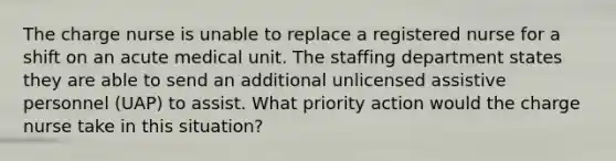 The charge nurse is unable to replace a registered nurse for a shift on an acute medical unit. The staffing department states they are able to send an additional unlicensed assistive personnel (UAP) to assist. What priority action would the charge nurse take in this situation?