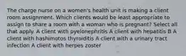 The charge nurse on a women's health unit is making a client room assignment. Which clients would be least appropriate to assign to share a room with a woman who is pregnant? Select all that apply. A client with pyelonephritis A client with hepatitis B A client with hashimotos thyroiditis A client with a urinary tract infection A client with herpes zoster