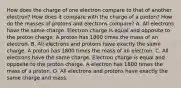 How does the charge of one electron compare to that of another electron? How does it compare with the charge of a proton? How do the masses of protons and electrons compare? A. All electrons have the same charge. Electron charge is equal and opposite to the proton charge. A proton has 1800 times the mass of an electron. B. All electrons and protons have exactly the same charge. A proton has 1800 times the mass of an electron. C. All electrons have the same charge. Electron charge is equal and opposite to the proton charge. A electron has 1800 times the mass of a proton. D. All electrons and protons have exactly the same charge and mass.