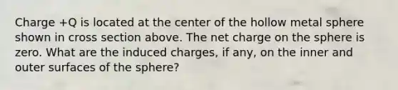 Charge +Q is located at the center of the hollow metal sphere shown in cross section above. The net charge on the sphere is zero. What are the induced charges, if any, on the inner and outer surfaces of the sphere?