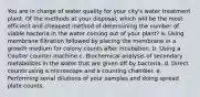 You are in charge of water quality for your city's water treatment plant. Of the methods at your disposal, which will be the most efficient and cheapest method of determining the number of viable bacteria in the water coming out of your plant? a. Using membrane filtration followed by placing the membrane in a growth medium for colony counts after incubation. b. Using a Coulter counter machine c. Biochemical analysis of secondary metabolites in the water that are given off by bacteria. d. Direct counts using a microscope and a counting chamber. e. Performing serial dilutions of your samples and doing spread plate counts.