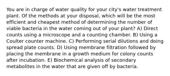 You are in charge of water quality for your city's water treatment plant. Of the methods at your disposal, which will be the most efficient and cheapest method of determining the number of viable bacteria in the water coming out of your plant? A) Direct counts using a microscope and a counting chamber. B) Using a Coulter counter machine. C) Performing serial dilutions and doing spread plate counts. D) Using membrane filtration followed by placing the membrane in a growth medium for colony counts after incubation. E) Biochemical analysis of secondary metabolites in the water that are given off by bacteria.