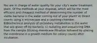 You are in charge of water quality for your city's water treatment plant. Of the methods at your disposal, which will be the most efficient and cheapest method of determining the number of viable bacteria in the water coming out of your plant? A) Direct counts using a microscope and a counting chamber. B)Biochemical analysis of secondary metabolites in the water that are given off by bacteria. C) Isolating and sequencing DNA from the sample D)Using membrane filtration followed by placing the membrane in a growth medium for colony counts after incubation.