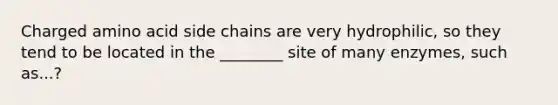 Charged amino acid side chains are very hydrophilic, so they tend to be located in the ________ site of many enzymes, such as...?