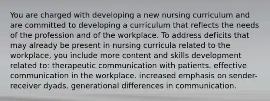 You are charged with developing a new nursing curriculum and are committed to developing a curriculum that reflects the needs of the profession and of the workplace. To address deficits that may already be present in nursing curricula related to the workplace, you include more content and skills development related to: therapeutic communication with patients. effective communication in the workplace. increased emphasis on sender-receiver dyads. generational differences in communication.