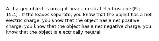 A charged object is brought near a neutral electroscope (Fig. 15.4) . If the leaves separate, you know that the object has a net electric charge. you know that the object has a net positive charge. you know that the object has a net negative charge. you know that the object is electrically neutral.