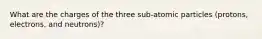 What are the charges of the three sub-atomic particles (protons, electrons, and neutrons)?