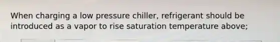 When charging a low pressure chiller, refrigerant should be introduced as a vapor to rise saturation temperature above;