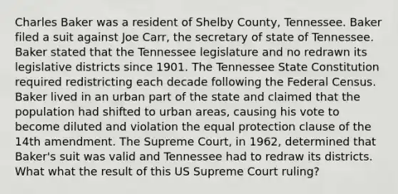 Charles Baker was a resident of Shelby County, Tennessee. Baker filed a suit against Joe Carr, the secretary of state of Tennessee. Baker stated that the Tennessee legislature and no redrawn its legislative districts since 1901. The Tennessee State Constitution required redistricting each decade following the Federal Census. Baker lived in an urban part of the state and claimed that the population had shifted to urban areas, causing his vote to become diluted and violation the equal protection clause of the 14th amendment. The Supreme Court, in 1962, determined that Baker's suit was valid and Tennessee had to redraw its districts. What what the result of this US Supreme Court ruling?