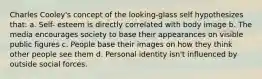 Charles Cooley's concept of the looking-glass self hypothesizes that: a. Self- esteem is directly correlated with body image b. The media encourages society to base their appearances on visible public figures c. People base their images on how they think other people see them d. Personal identity isn't influenced by outside social forces.