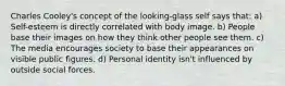 Charles Cooley's concept of the looking-glass self says that: a) Self-esteem is directly correlated with body image. b) People base their images on how they think other people see them. c) The media encourages society to base their appearances on visible public figures. d) Personal identity isn't influenced by outside social forces.