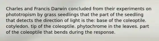 Charles and Francis Darwin concluded from their experiments on phototropism by grass seedlings that the part of the seedling that detects the direction of light is the: base of the coleoptile. cotyledon. tip of the coleoptile. phytochrome in the leaves. part of the coleoptile that bends during the response.