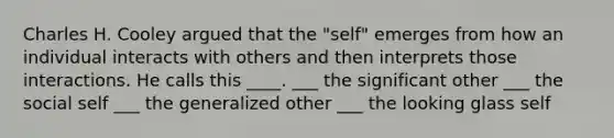 Charles H. Cooley argued that the "self" emerges from how an individual interacts with others and then interprets those interactions. He calls this ____. ___ the significant other ___ the social self ___ the generalized other ___ the looking glass self