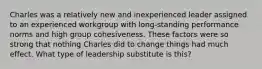 Charles was a relatively new and inexperienced leader assigned to an experienced workgroup with long-standing performance norms and high group cohesiveness. These factors were so strong that nothing Charles did to change things had much effect. What type of leadership substitute is this?