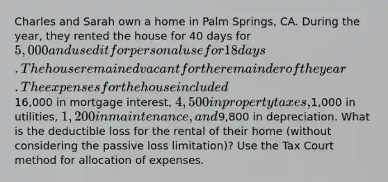 Charles and Sarah own a home in Palm Springs, CA. During the year, they rented the house for 40 days for 5,000 and used it for personal use for 18 days. The house remained vacant for the remainder of the year. The expenses for the house included16,000 in mortgage interest, 4,500 in property taxes,1,000 in utilities, 1,200 in maintenance, and9,800 in depreciation. What is the deductible loss for the rental of their home (without considering the passive loss limitation)? Use the Tax Court method for allocation of expenses.