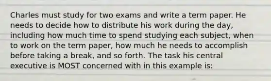 Charles must study for two exams and write a term paper. He needs to decide how to distribute his work during the day, including how much time to spend studying each subject, when to work on the term paper, how much he needs to accomplish before taking a break, and so forth. The task his central executive is MOST concerned with in this example is: