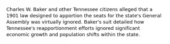 Charles W. Baker and other Tennessee citizens alleged that a 1901 law designed to apporti<a href='https://www.questionai.com/knowledge/kHIra0KRkY-on-the-sea' class='anchor-knowledge'>on the sea</a>ts for the state's General Assembly was virtually ignored. Baker's suit detailed how Tennessee's reapportionment efforts ignored significant <a href='https://www.questionai.com/knowledge/koAwaBHejo-economic-growth' class='anchor-knowledge'>economic growth</a> and population shifts within the state.