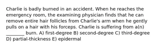 Charlie is badly burned in an accident. When he reaches the emergency room, the examining physician finds that he can remove entire hair follicles from Charlie's arm when he gently pulls on a hair with his forceps. Charlie is suffering from a(n) ________ burn. A) first-degree B) second-degree C) third-degree D) partial-thickness E) epidermal